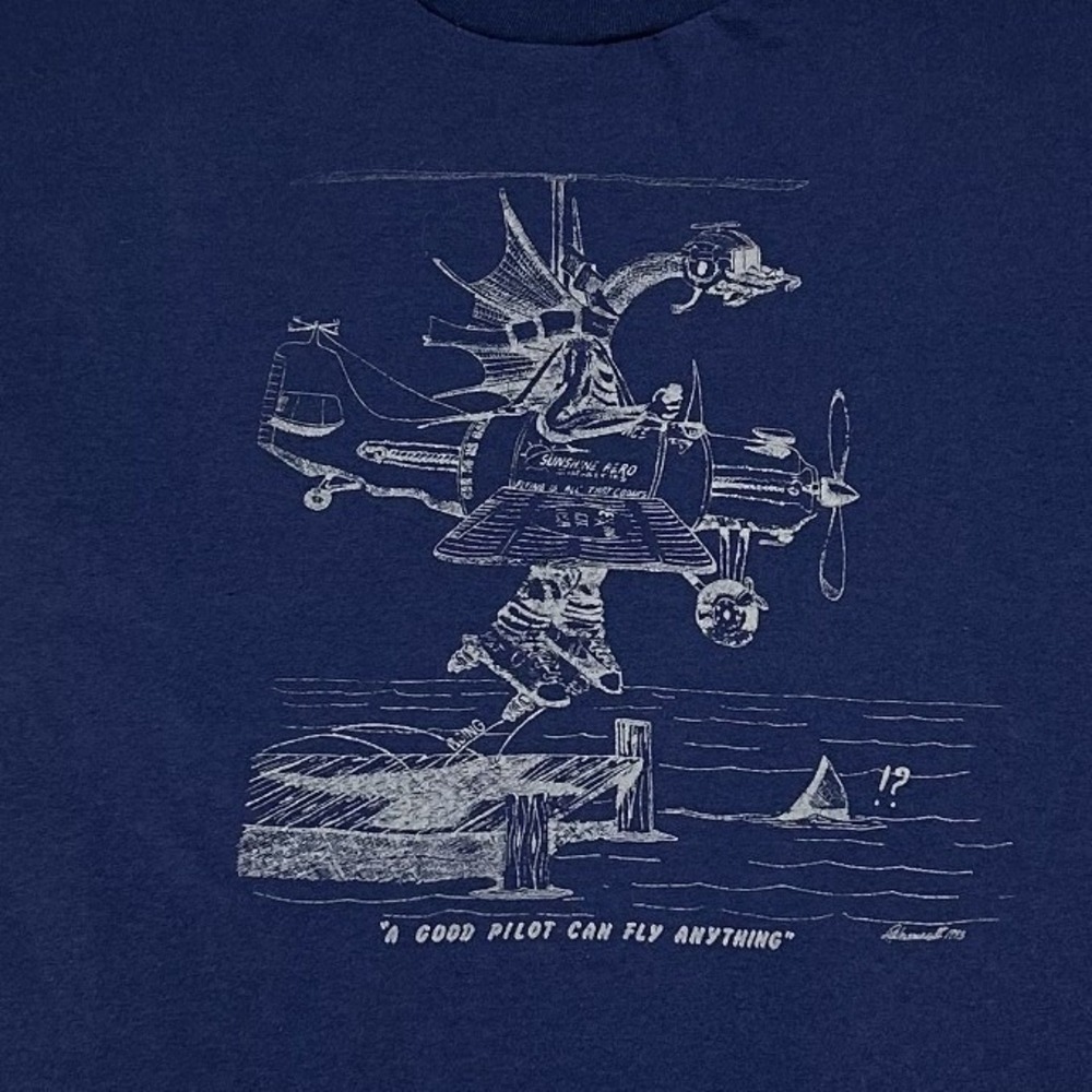Hanes T-Shirt Mens XL Blue A Good Pilot Can Fly Anything Vintage 90s Tee